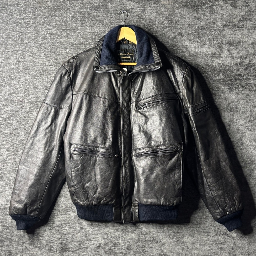 Vintage Maxim Wear Yamaha Black Leather Motorcycle Jacket Mens XL Bomber Biker